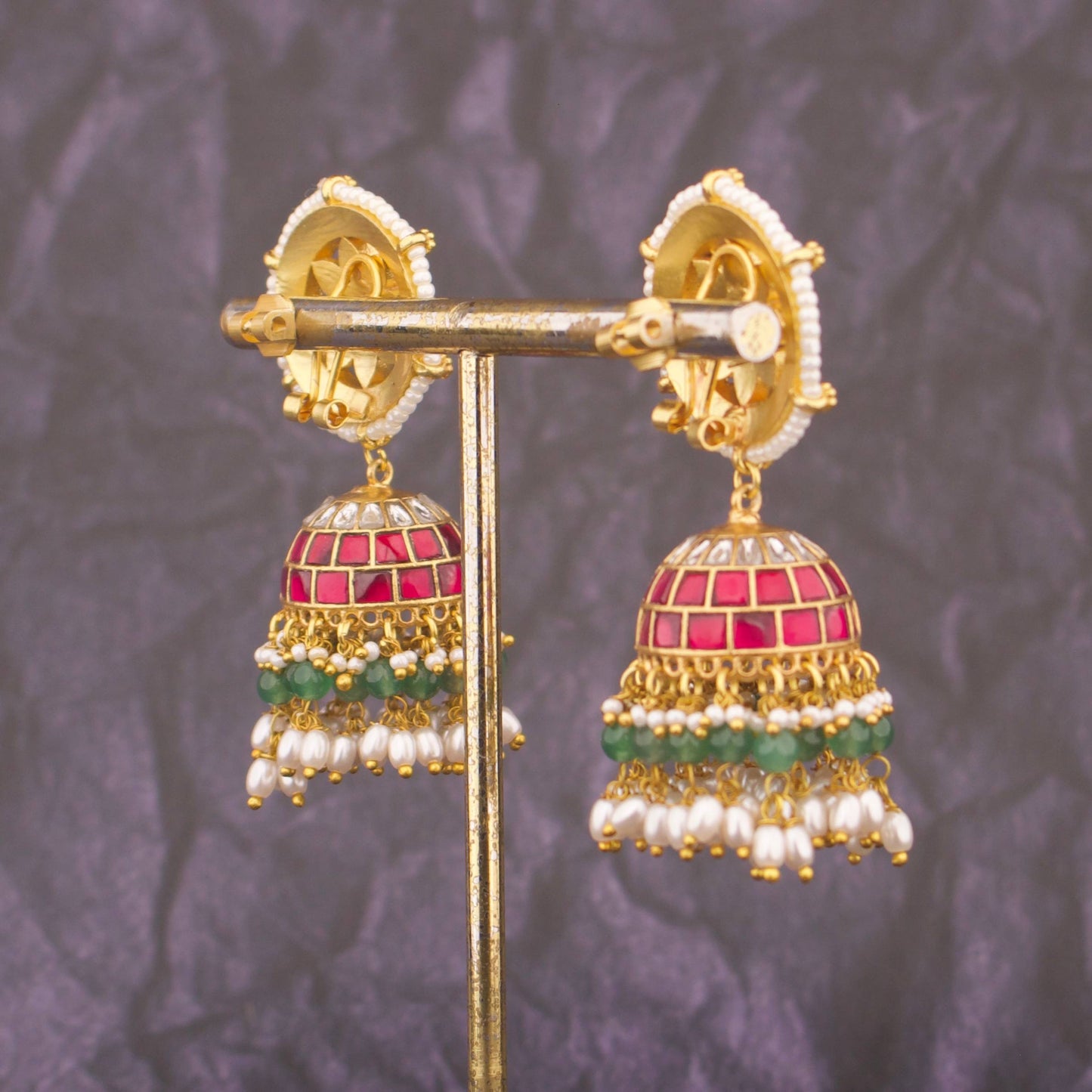 Elegant Jhumki Earrings With Green Beads And Pearl Border