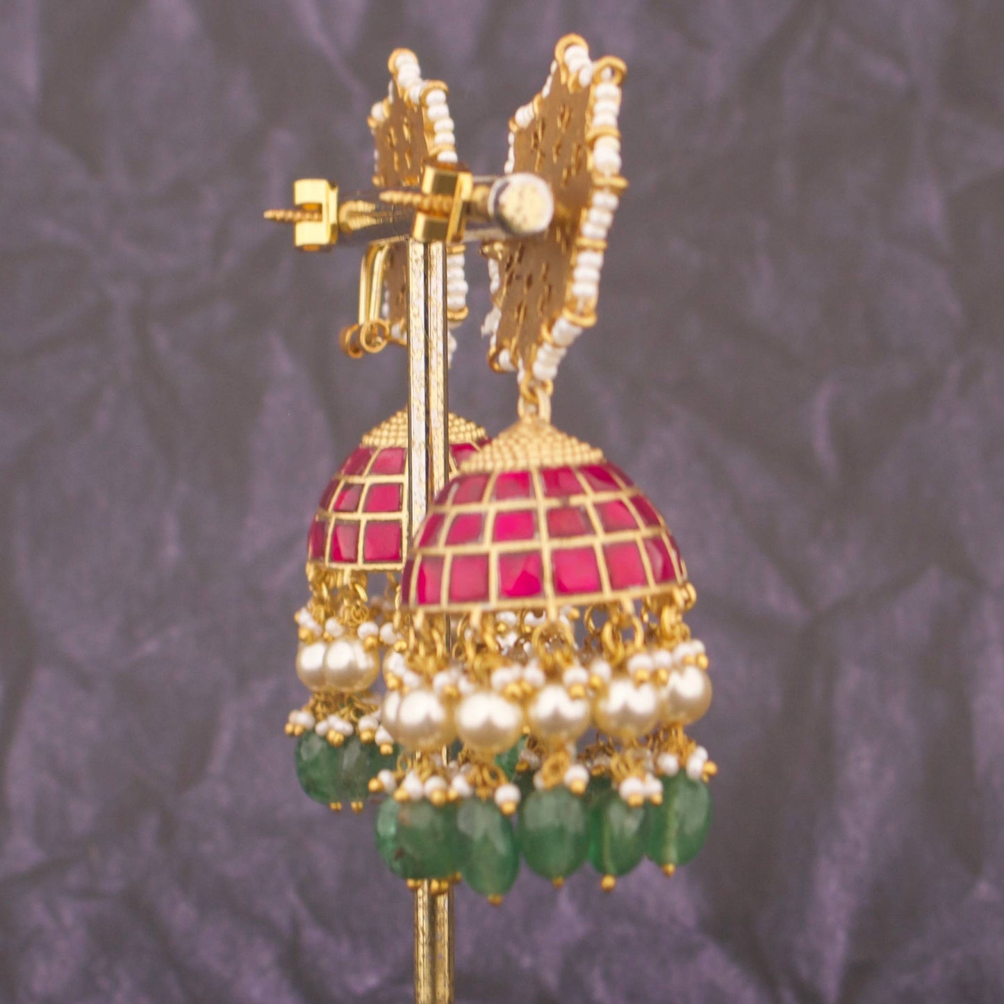 Kundan Jhumki Earrings With Green Beads And Pearl Drops