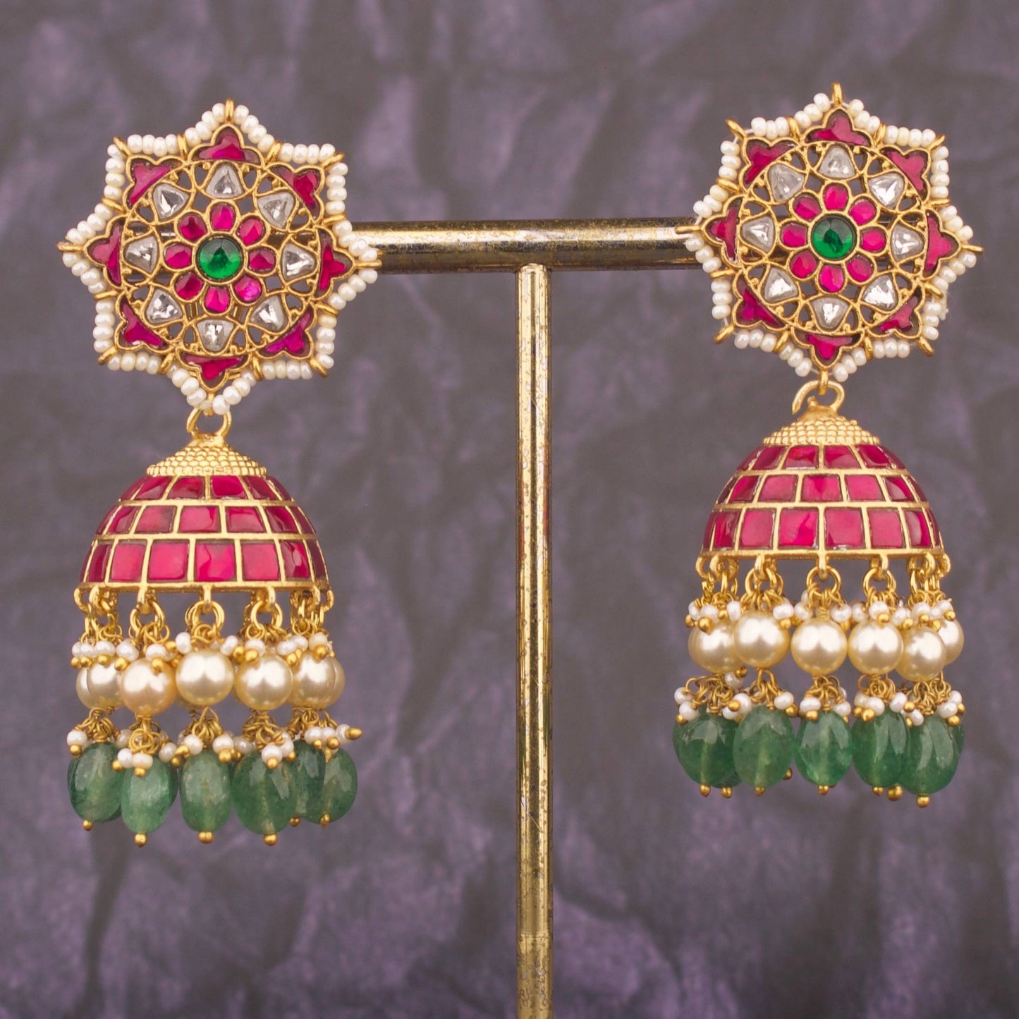 Kundan Jhumki Earrings With Green Beads And Pearl Drops