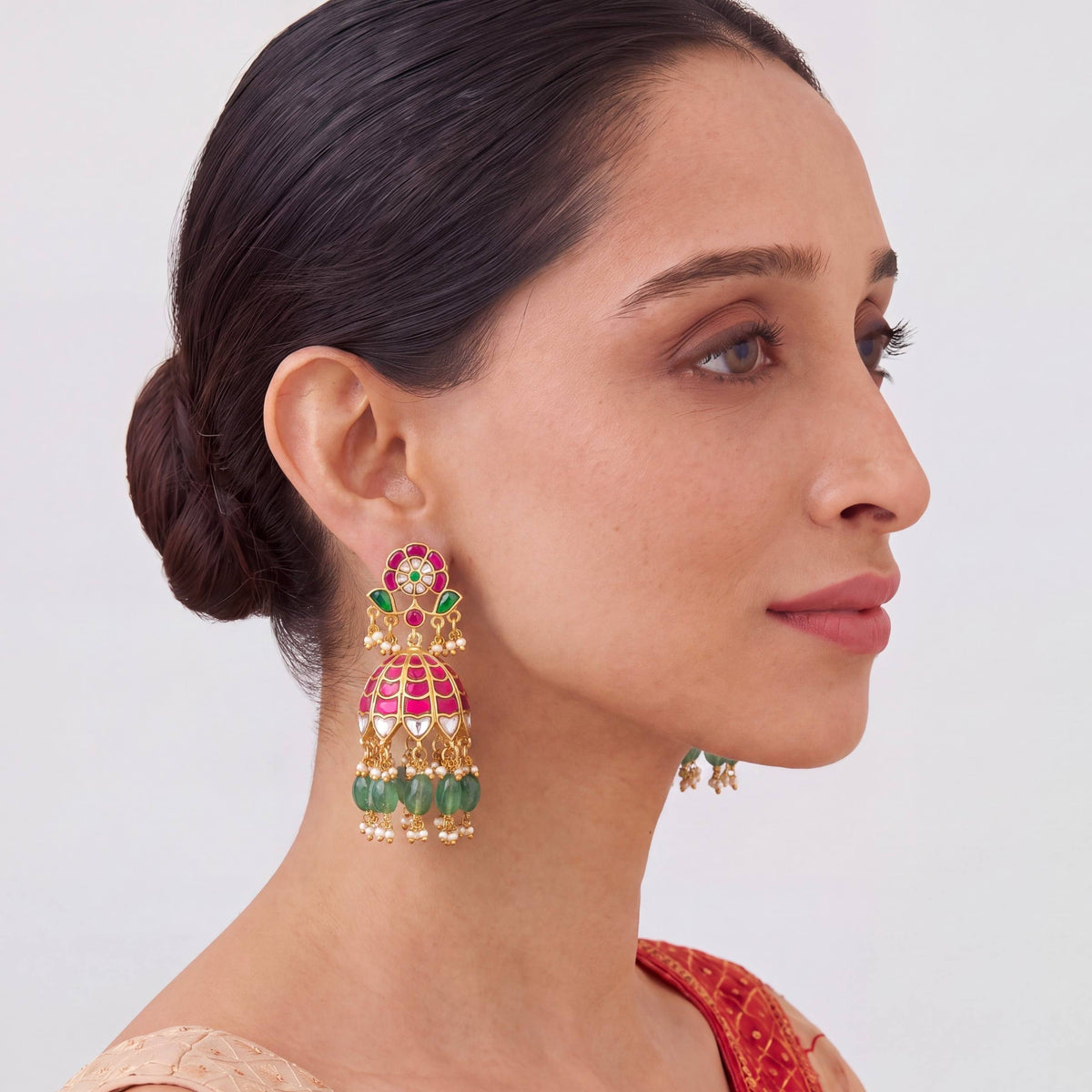 Gold Style Jadau Kundan Jhumka Earrings Craftsmanship & Detail View - Dulhan Jewels