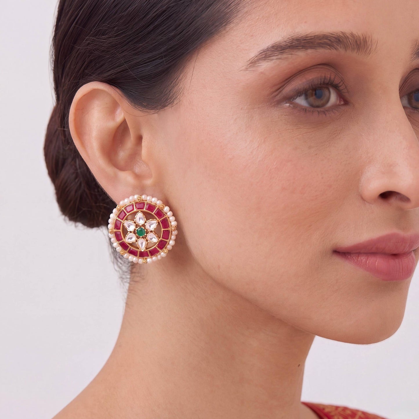 Classic Jadau Kundan Stud Earrings With Pearl Bordering