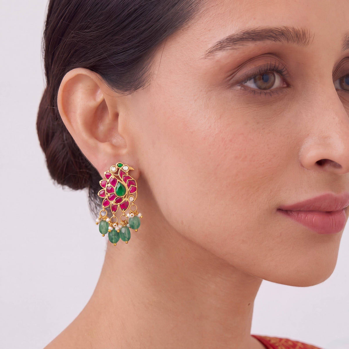 Ethnic Jadau Kundan Stud Earrings With Emerald Drops Craftsmanship & Detail View - Dulhan Jewels