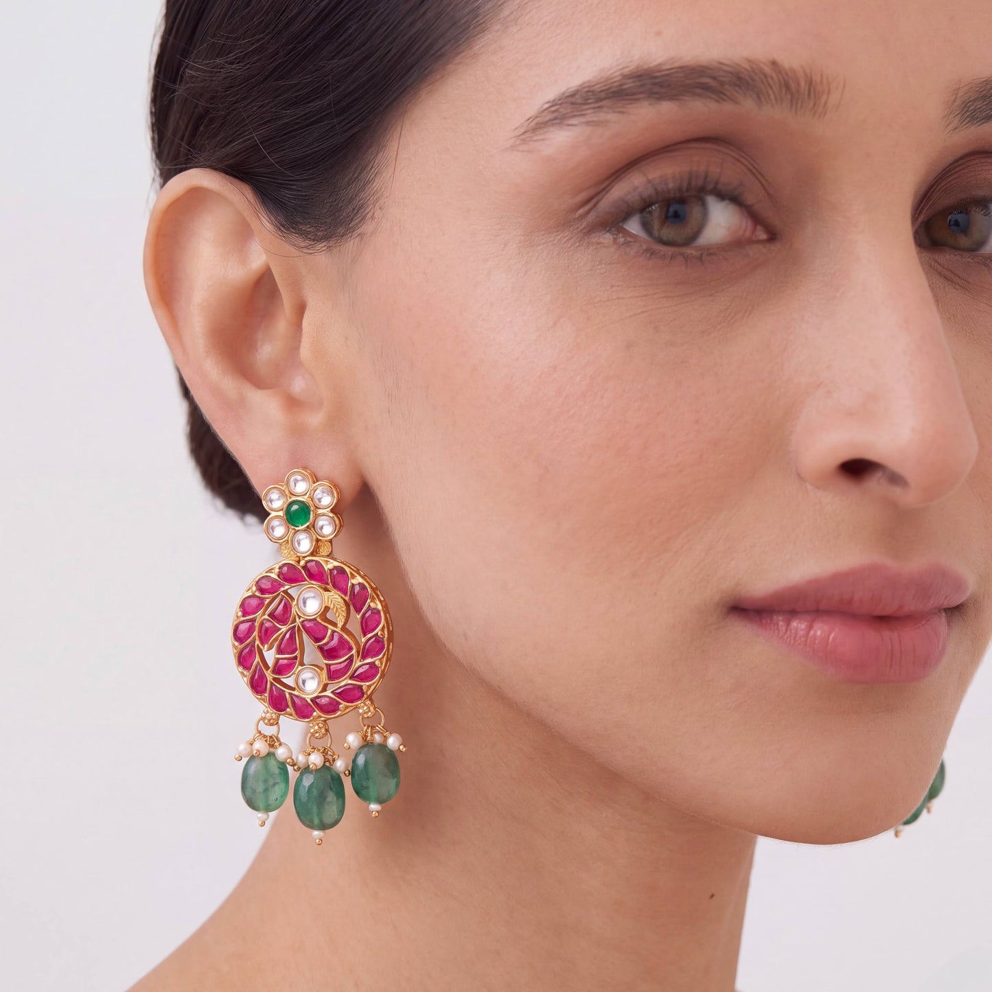 Unique Jadau Kundan Earrings With Emerald Drops