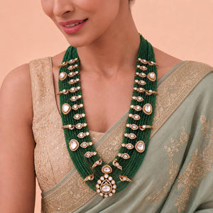 Royal Jadau Kundan Green Beads Mala With Earrings