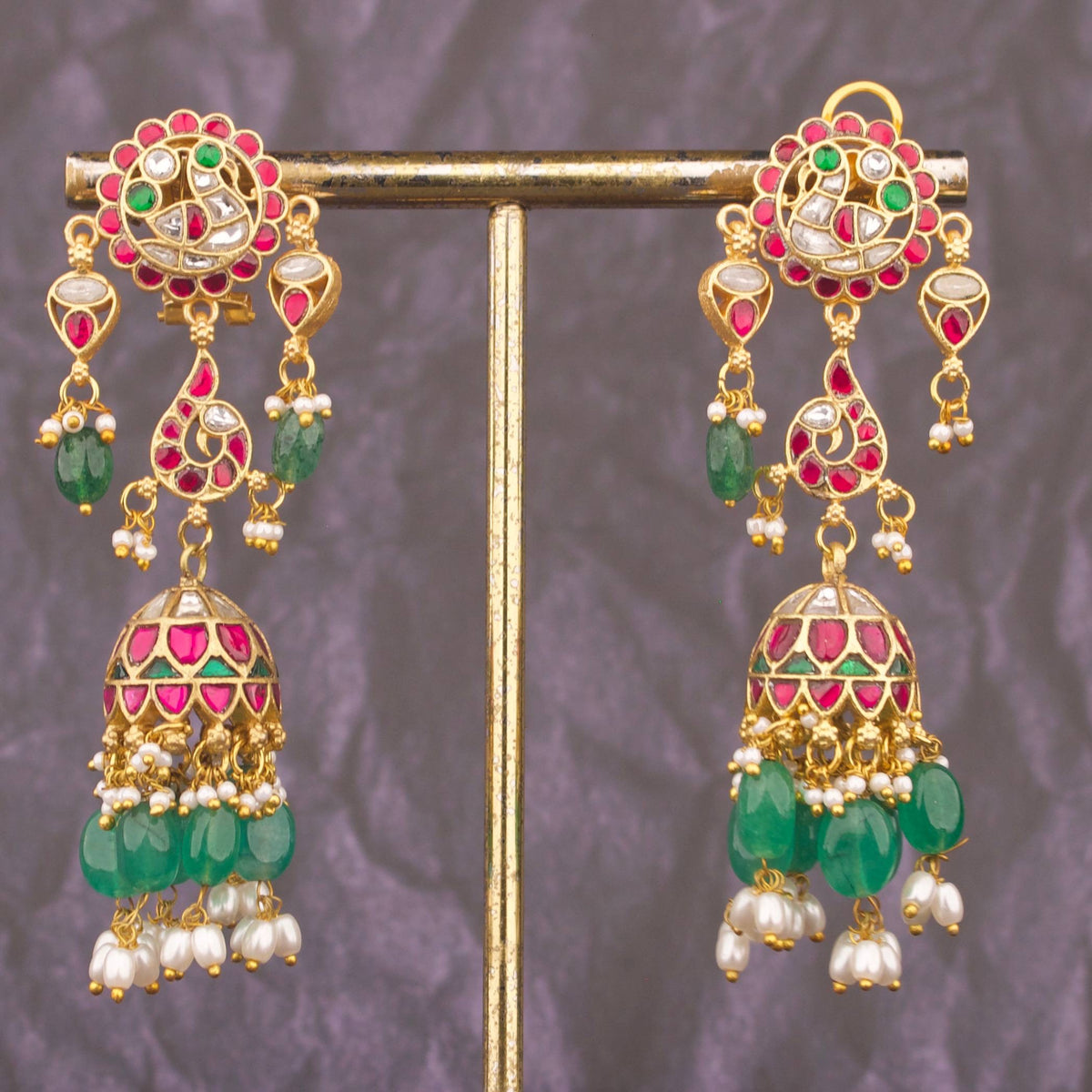 Elegant Jadau Kundan Long Jhumki Earrings With Green Emerald Beads Craftsmanship & Detail View - Dulhan Jewels