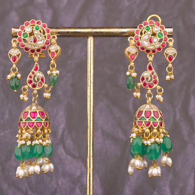 Elegant Jadau Kundan Long Jhumki Earrings With Green Emerald Beads