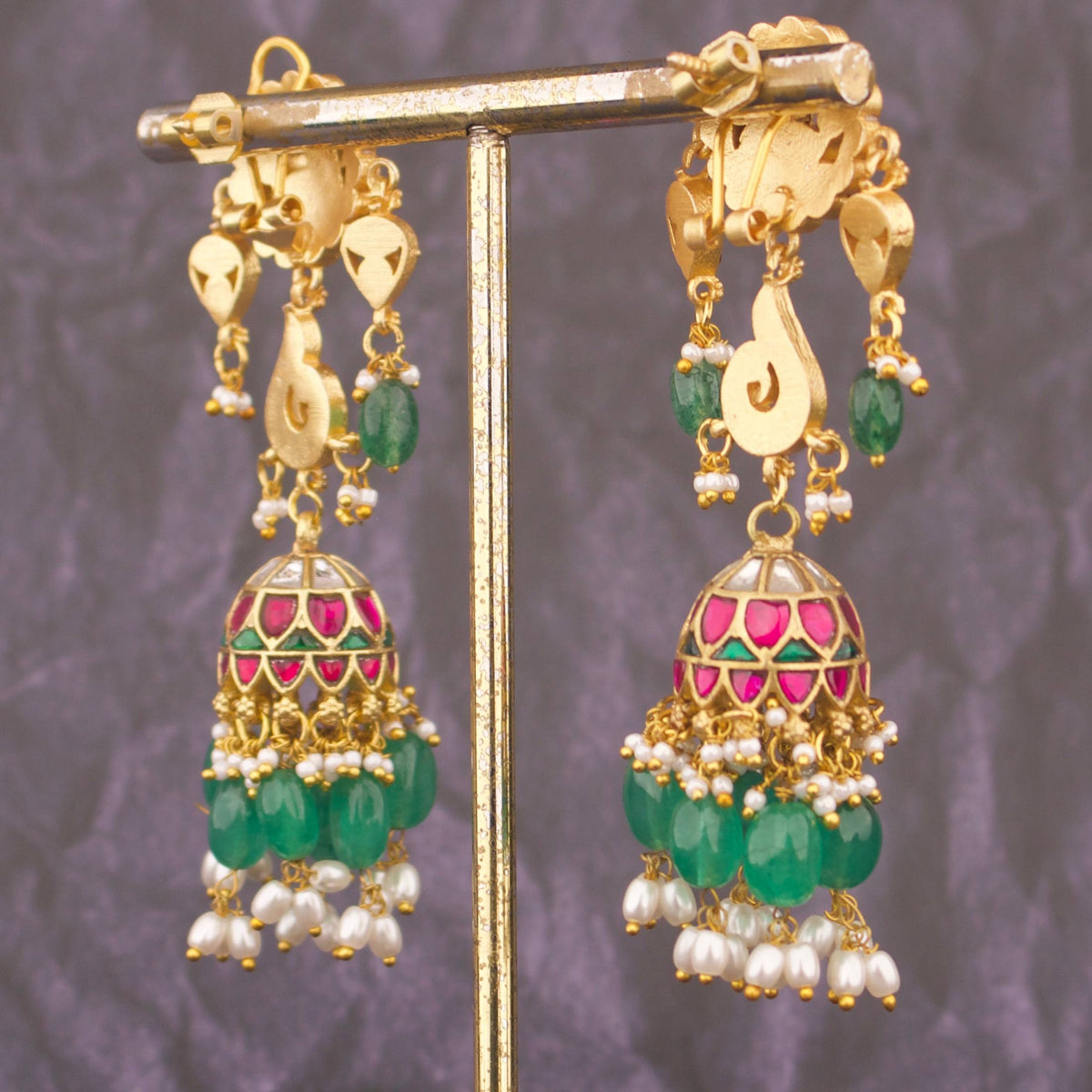 Elegant Jadau Kundan Long Jhumki Earrings With Green Emerald Beads Close-up Design & Gemstone Detailing - Dulhan Jewels