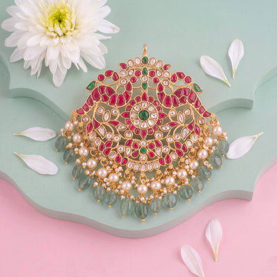 Traditional Jadau Kundan Pendant With Green Hangings