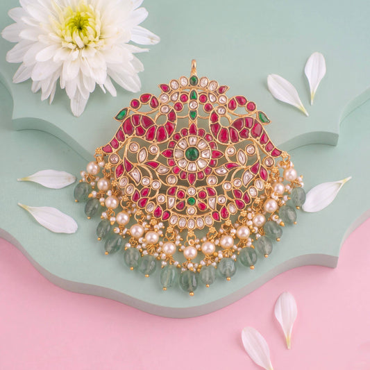 Traditional Jadau Kundan Pendant With Green Hangings