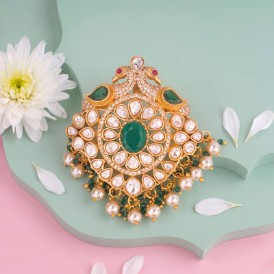 Royal Polki Pendant With Green Emerald And Pearl Drops