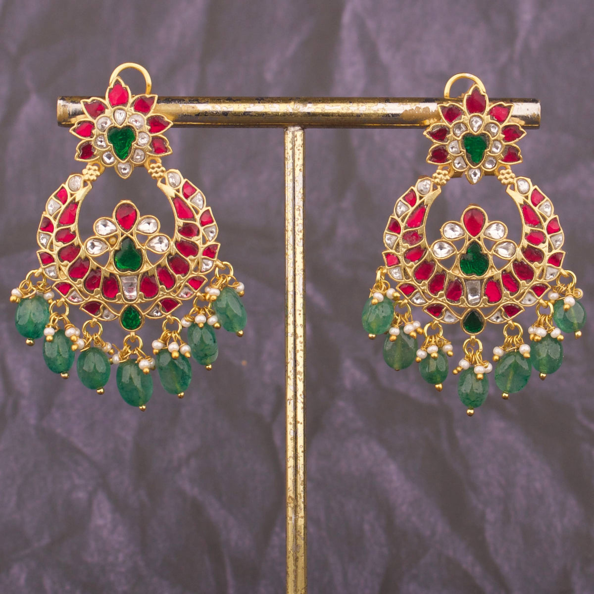 Traditional Jadau Kundan Chandbali Earrings With Green Hangings