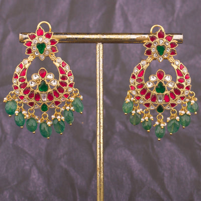 Traditional Jadau Kundan Chandbali Earrings With Green Hangings