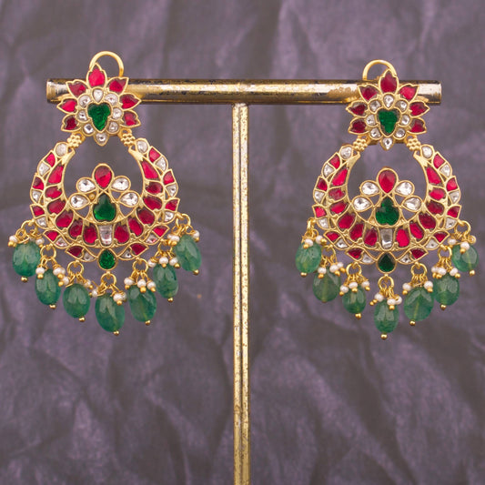 Traditional Jadau Kundan Chandbali Earrings With Green Hangings