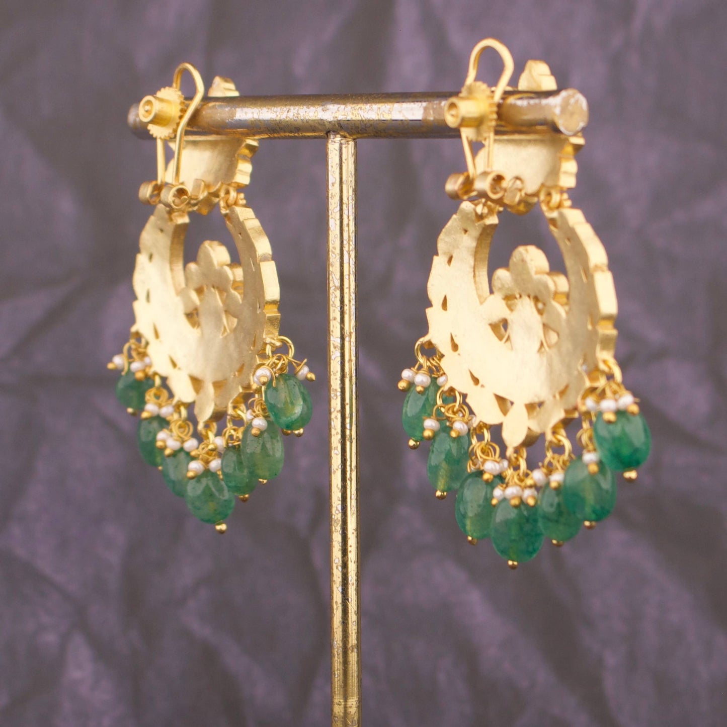 Traditional Jadau Kundan Chandbali Earrings With Green Hangings