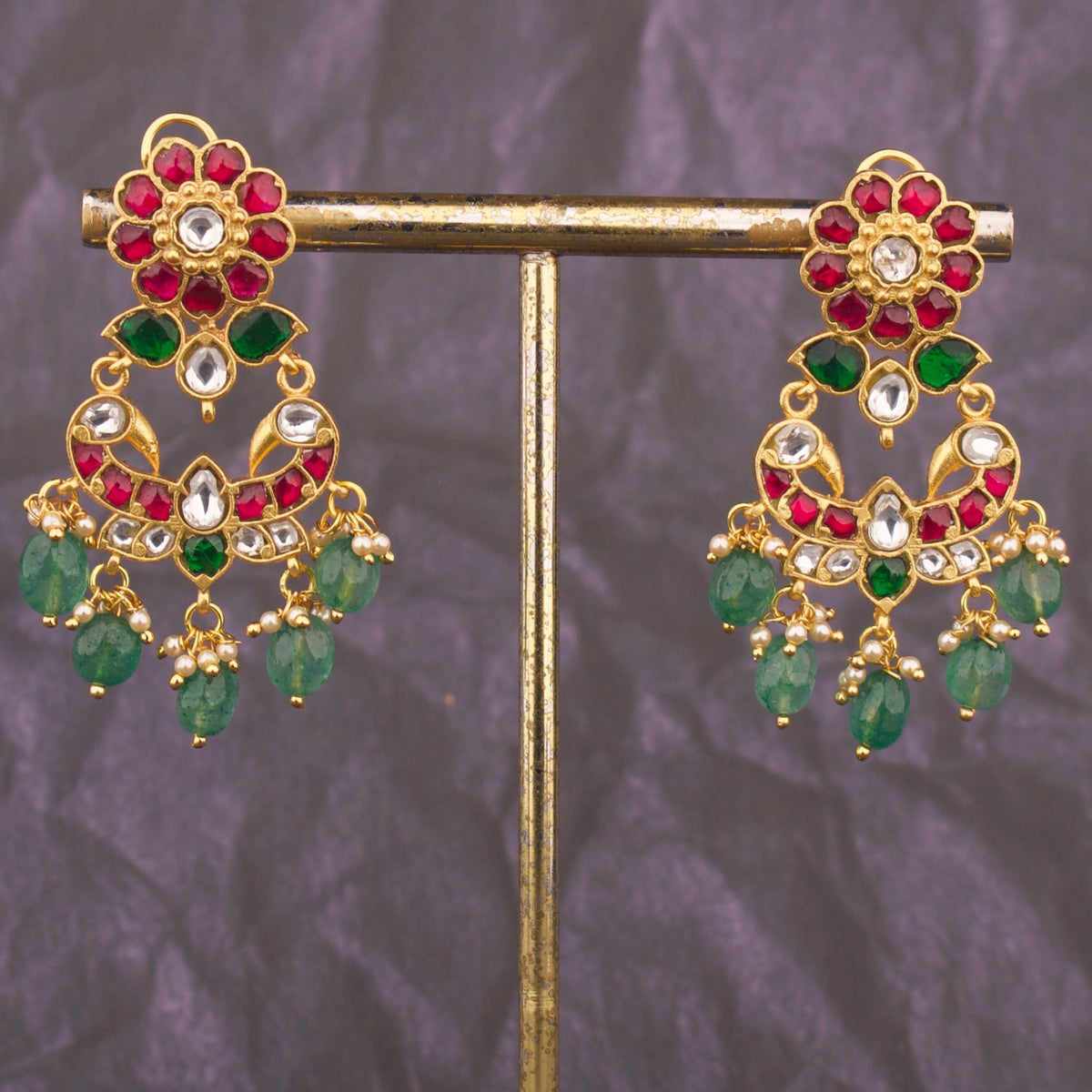 Elegant Floral Studded Jadau Kundan Chandbali Earrings With Strawberry Beads