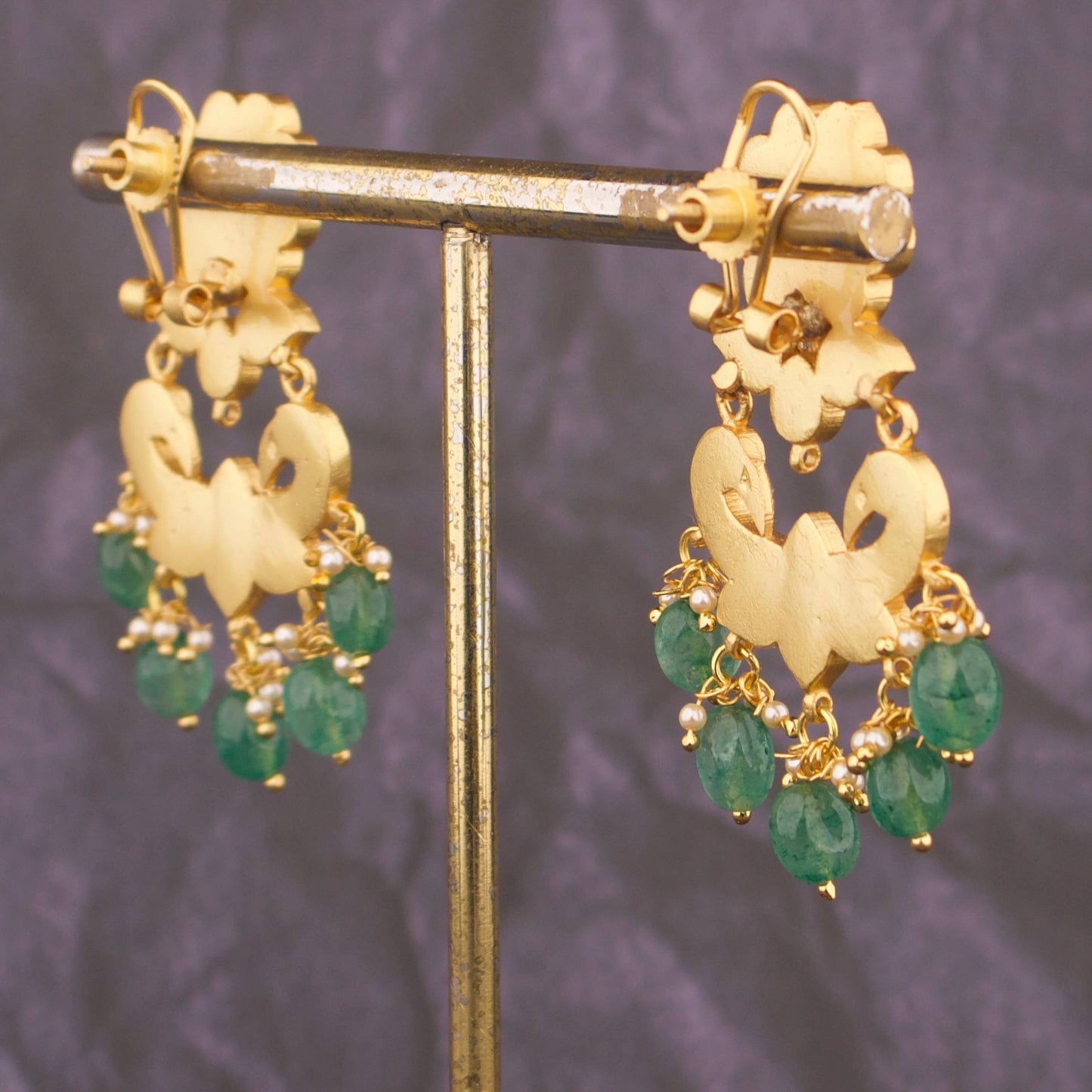 Elegant Floral Studded Jadau Kundan Chandbali Earrings With Strawberry Beads