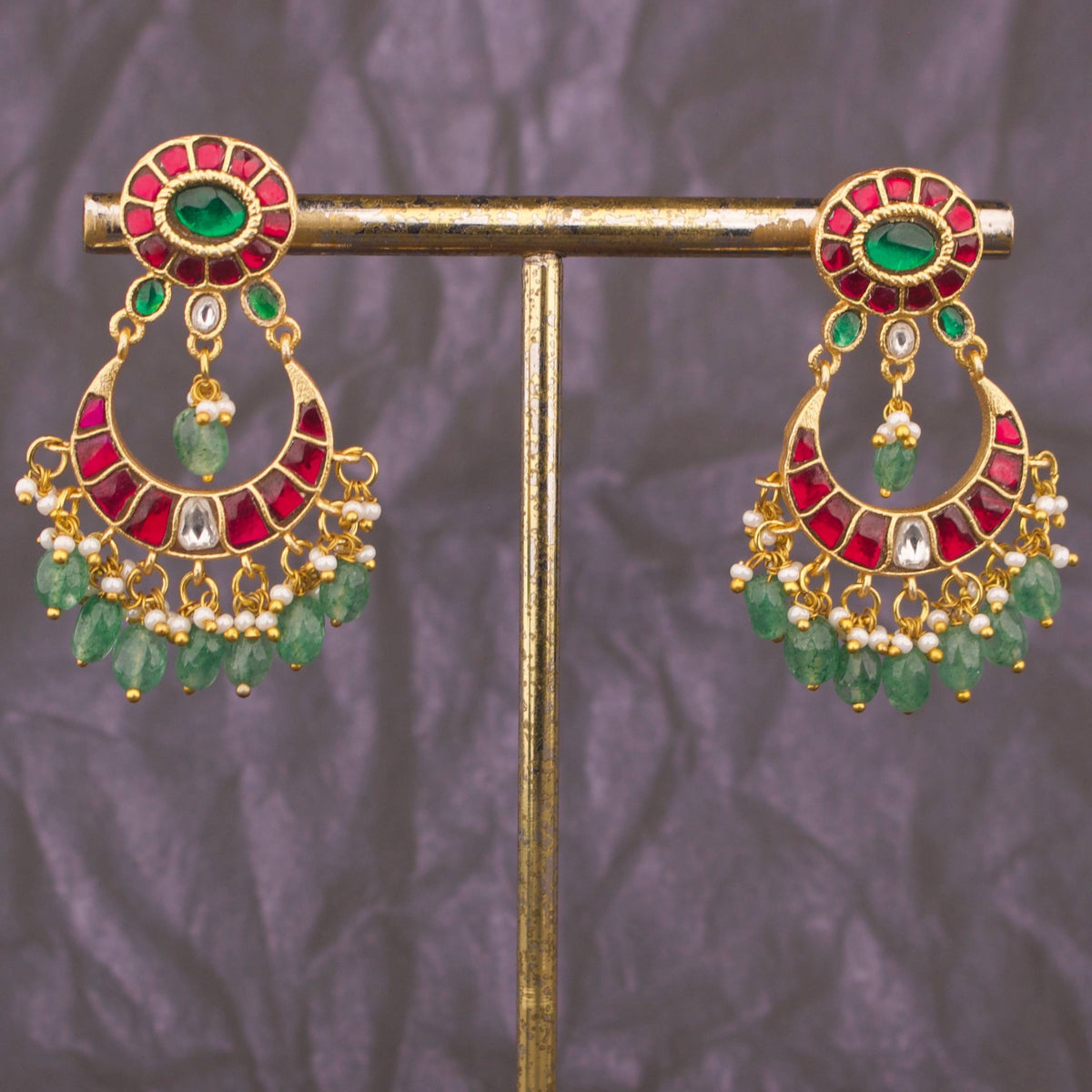 Regal Jadau Kundan Chandbali Earrings With Emerald Hangings