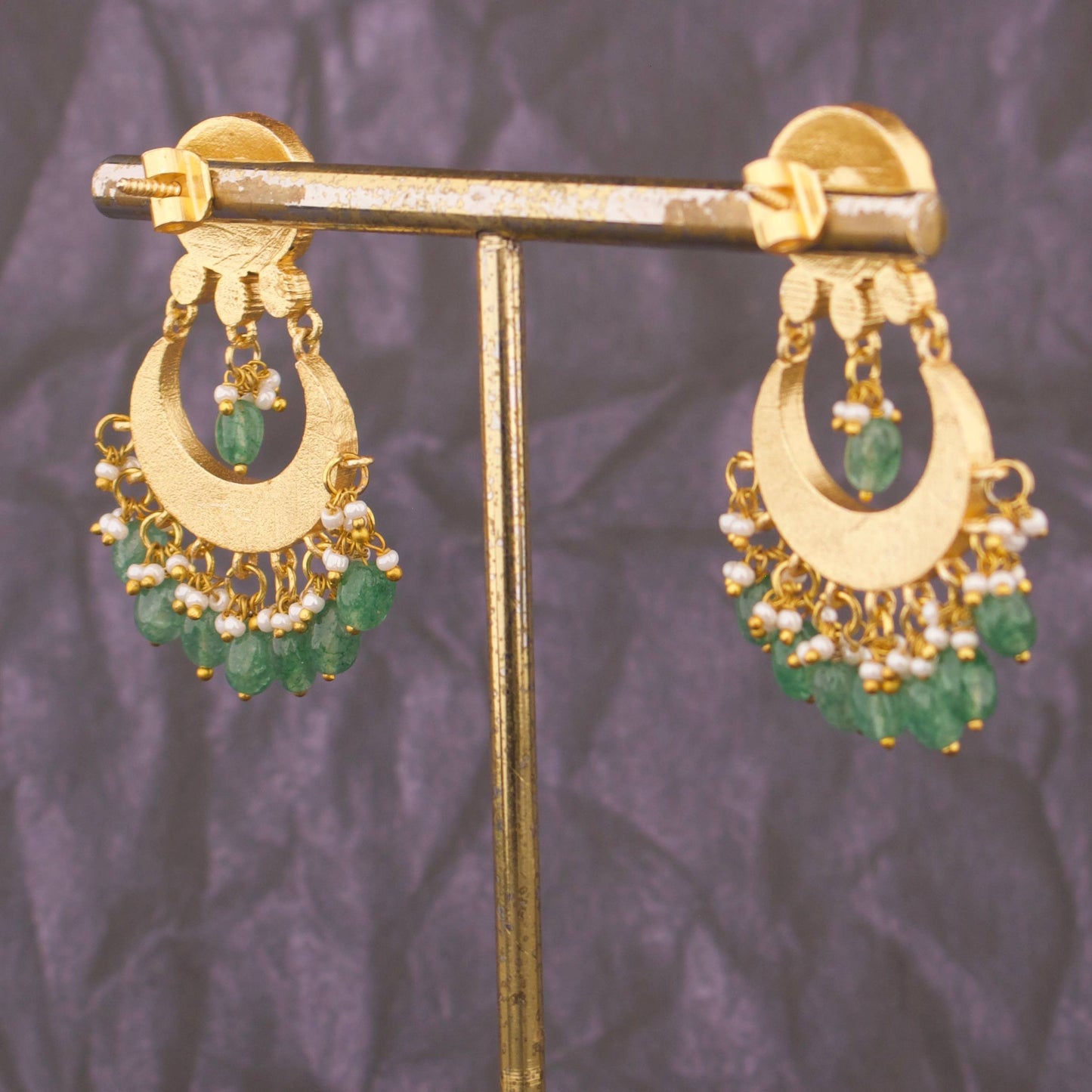 Regal Jadau Kundan Chandbali Earrings With Emerald Hangings