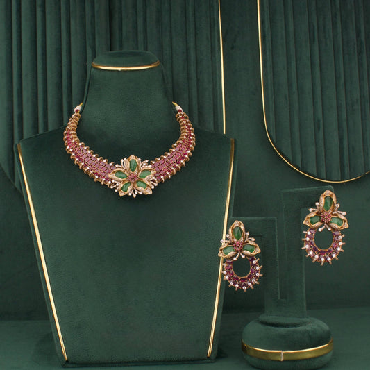 Dazzling Victorian Ruby Emerald Floral Design Necklace