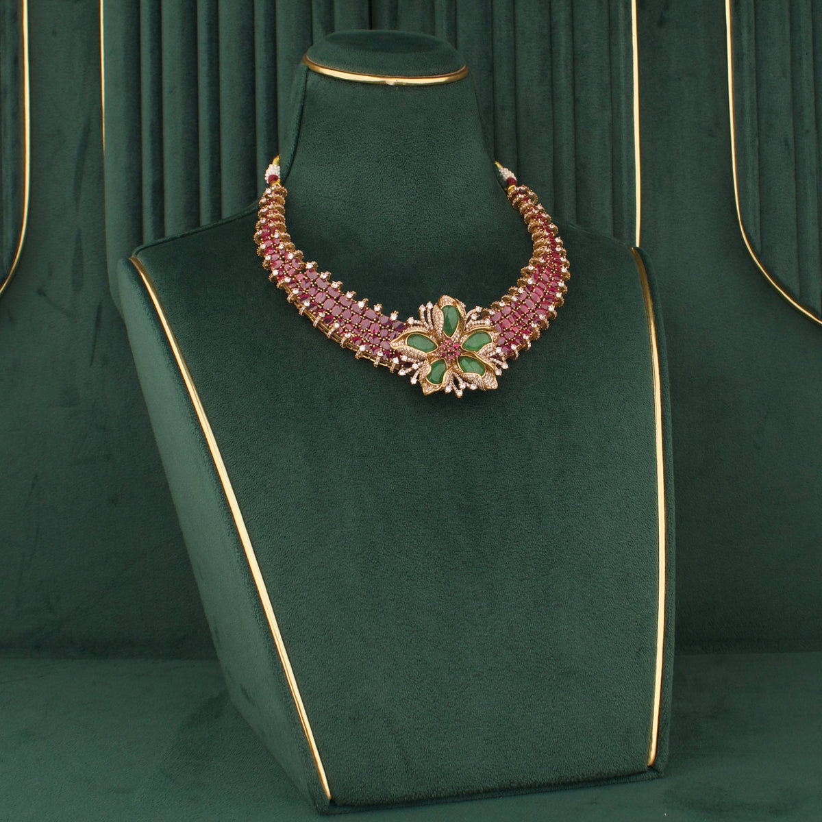 Dazzling Victorian Ruby Emerald Floral Design Necklace