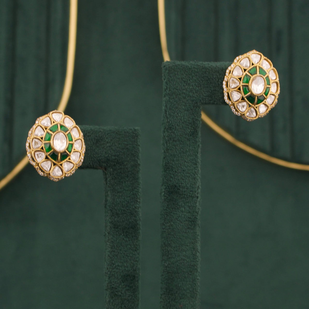 Victorian Polki Stud Earrings With Ruby And Emerald