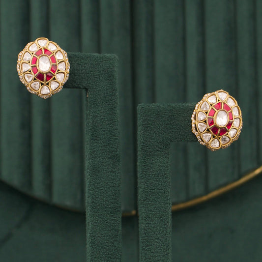 Victorian Polki Stud Earrings With Ruby And Emerald