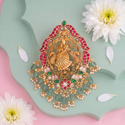 Graceful Jadau Kundan Radha Krishna Locket With Green Drops