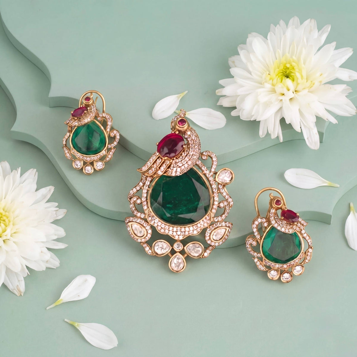 Royal Victorian Peacock Design Locket With Matching Earrings - Handcrafted Indian Bridal Jewelry by Dulhan Jewels