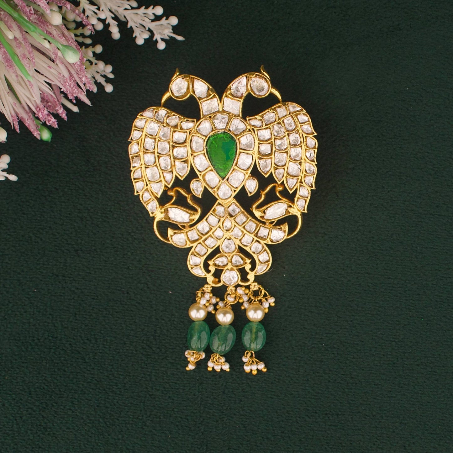 Elegant Moissanite Polki Gandaberunda Pendant