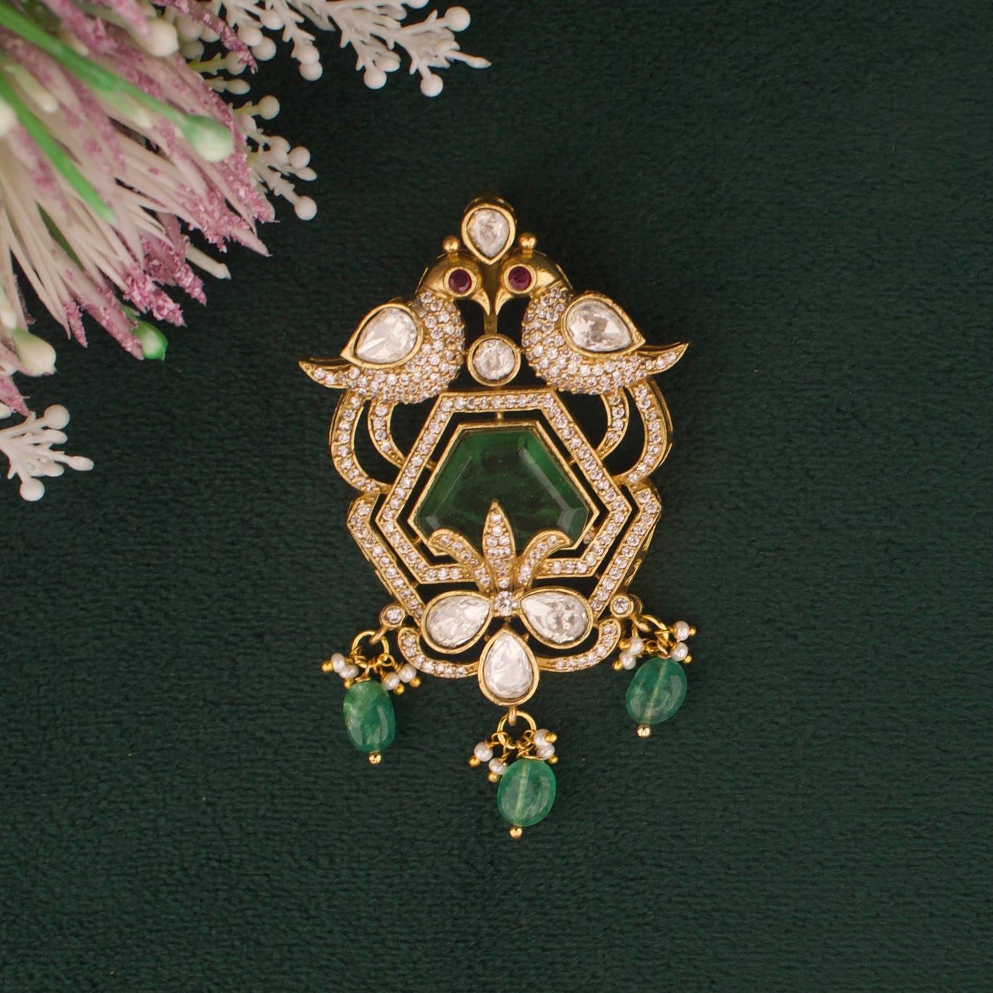 Opulent Victorian Style Emerald Pendant With Green Drops