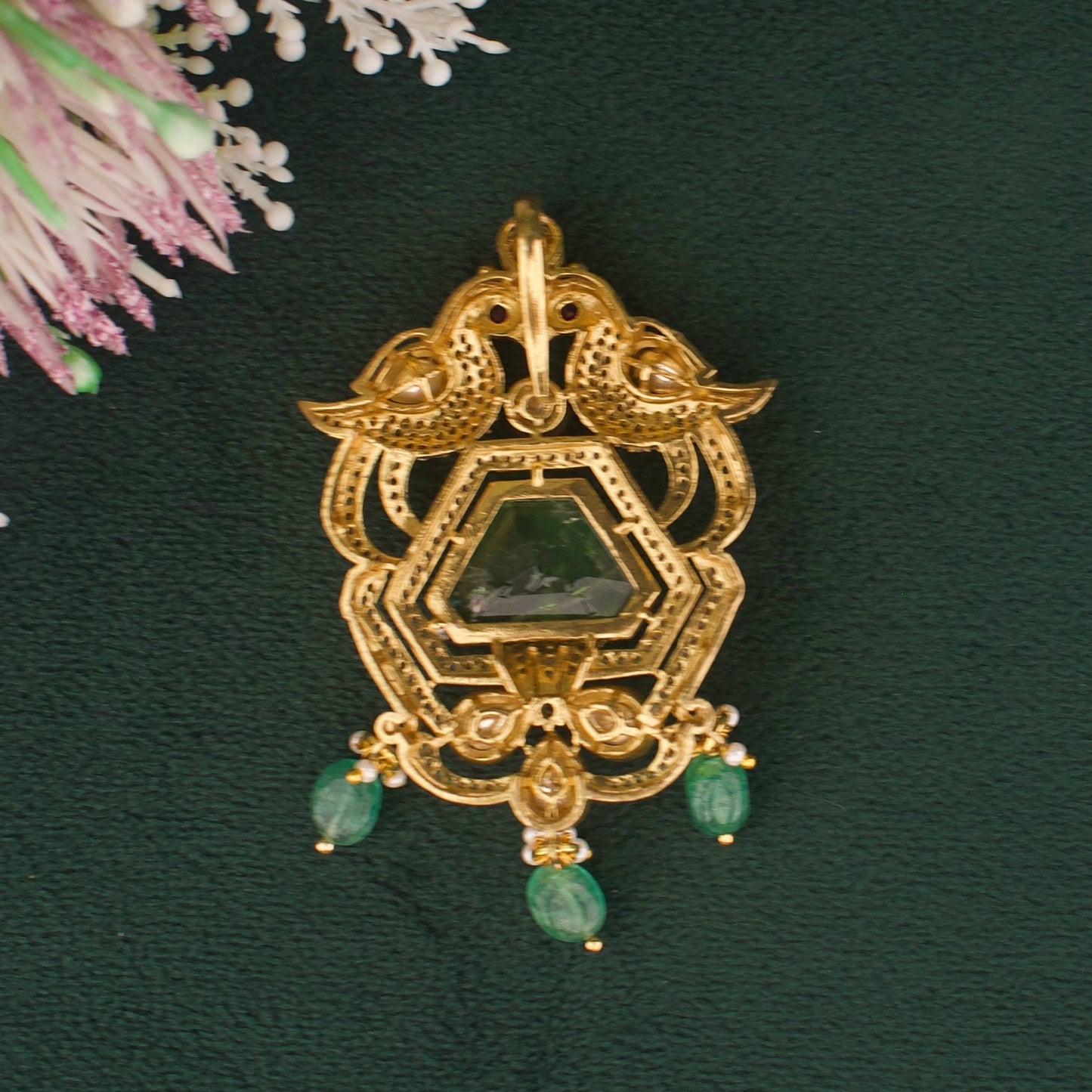 Opulent Victorian Style Emerald Pendant With Green Drops