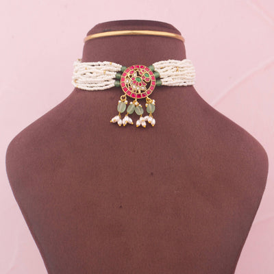 Minimal Jadau Kundan Choker With Green Hangings