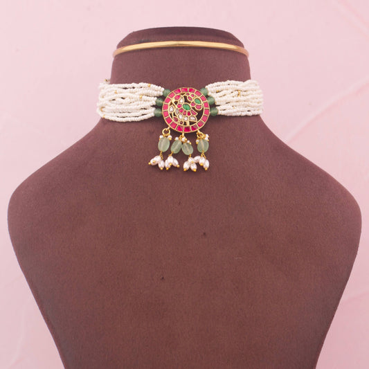 Minimal Jadau Kundan Choker With Green Hangings - Handcrafted Indian Bridal Jewelry by Dulhan Jewels
