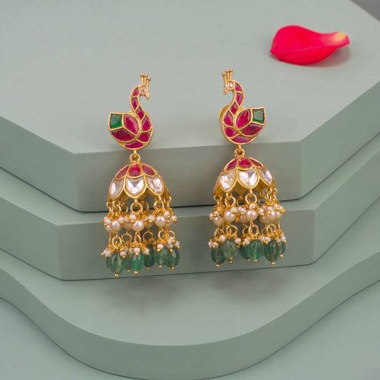 Peacock Studded Jadau Kundan Jhumki Earrings With Swarovski Pearl And Beads Hangings - Handcrafted Indian Bridal Jewelry by Dulhan Jewels