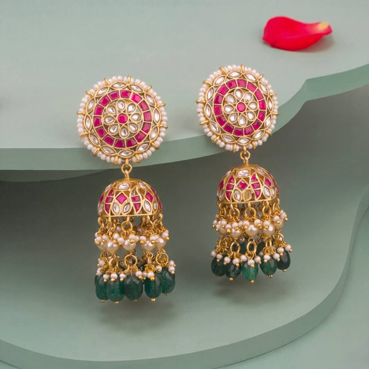 Classic Jadau Kundan Jhumki Floral Studded With Swarovski Russian Hangings - Handcrafted Indian Bridal Jewelry by Dulhan Jewels