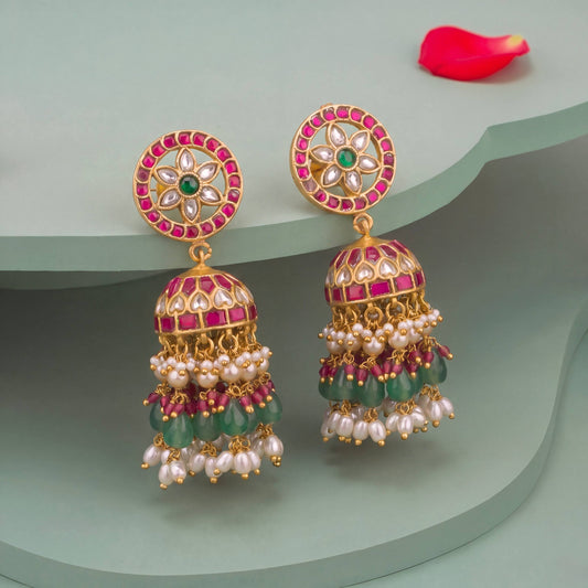 Unique  Jadau Kundan Jhumka with Swarovski Rice Hanging - Handcrafted Indian Bridal Jewelry by Dulhan Jewels