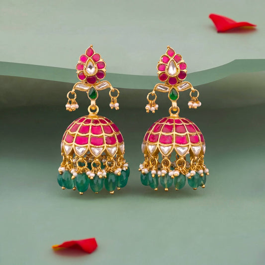 Ethnic Jadau Kundan Jhumki Earrings With Pink Stones and Green Beads - Handcrafted Indian Bridal Jewelry by Dulhan Jewels
