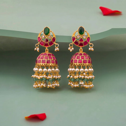 Classic Jadau Kundan Studded Chand Design Jhumka Earrings With Multi Pearl Layer Drops - Handcrafted Indian Bridal Jewelry by Dulhan Jewels