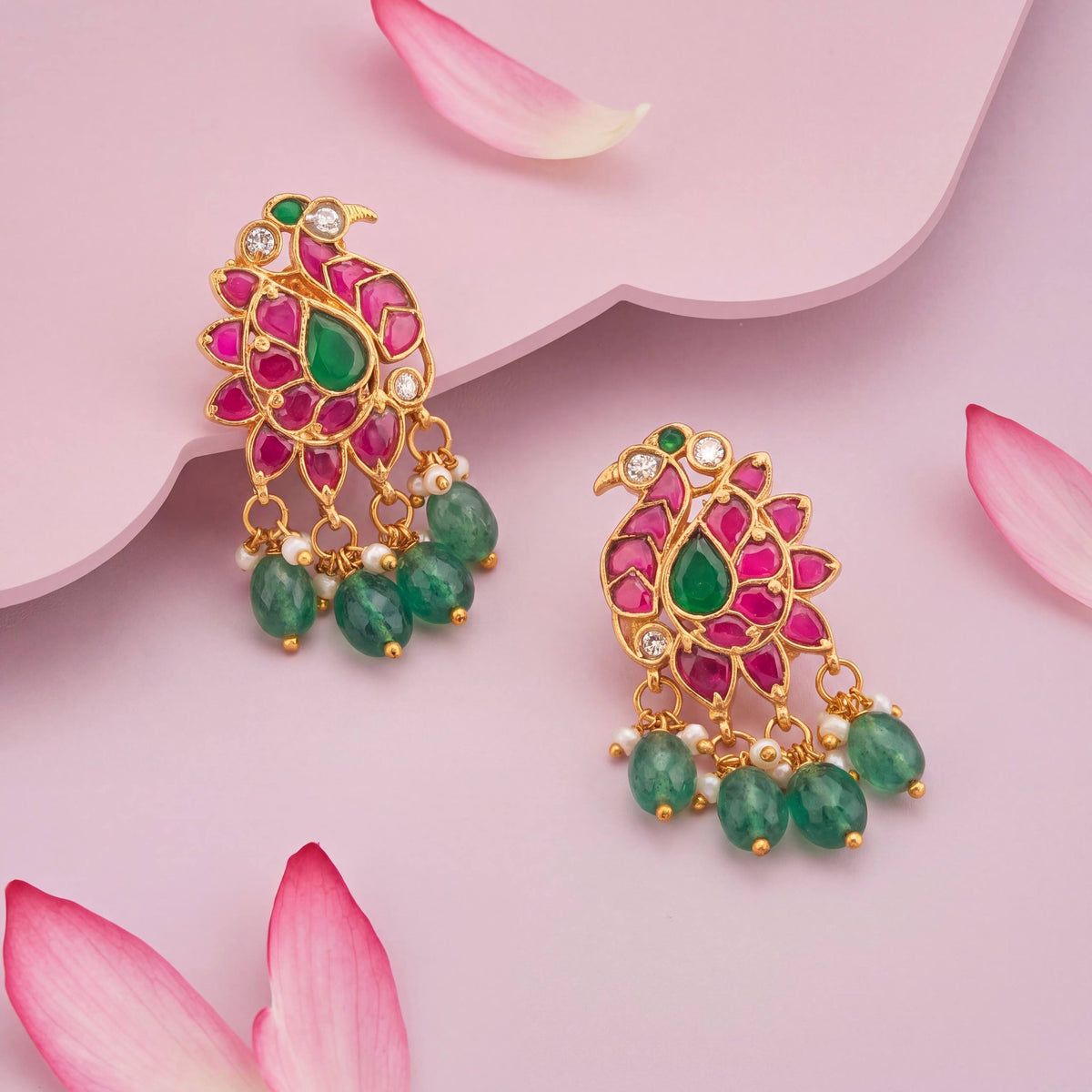 Ethnic Jadau Kundan Stud Earrings With Emerald Drops - Handcrafted Indian Bridal Jewelry by Dulhan Jewels