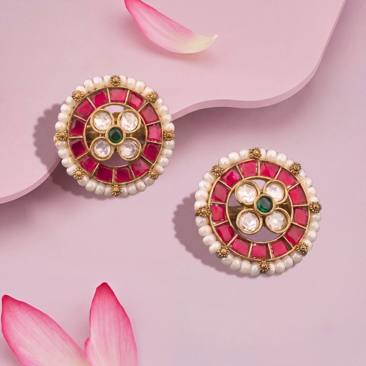 Jadau Kundan Polki Earrings With Pearl Detailing - Handcrafted Indian Bridal Jewelry by Dulhan Jewels