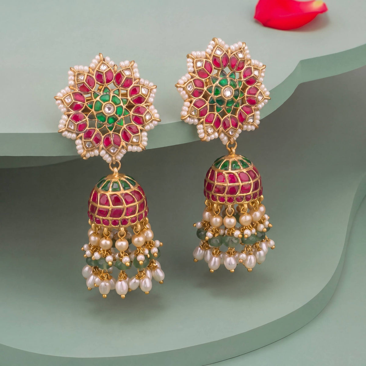 Charming Floral Studded Jadau Kundan Jhumki With Guttapusalu Hangings - Handcrafted Indian Bridal Jewelry by Dulhan Jewels