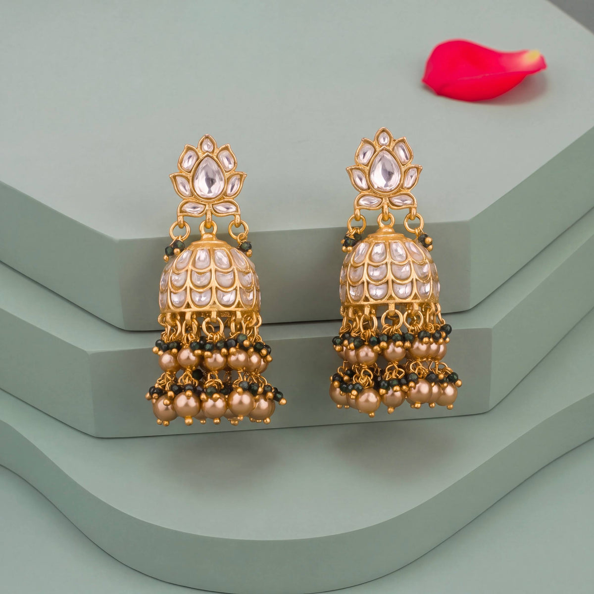 Gold Style Lotus Design Studded Jadau Kundan Jhumki - Handcrafted Indian Bridal Jewelry by Dulhan Jewels