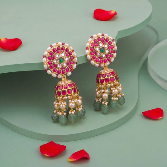 Intricate floral Design Studded Jadau Kundan Jhumki with Green beads - Handcrafted Indian Bridal Jewelry by Dulhan Jewels