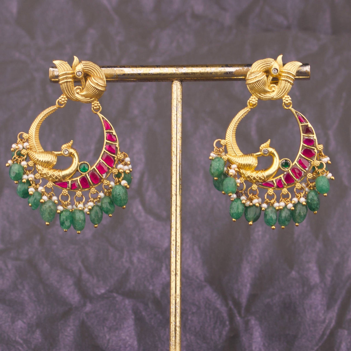 Nakshi Jadau Kundan Chandbali Earrings With Green Drops
