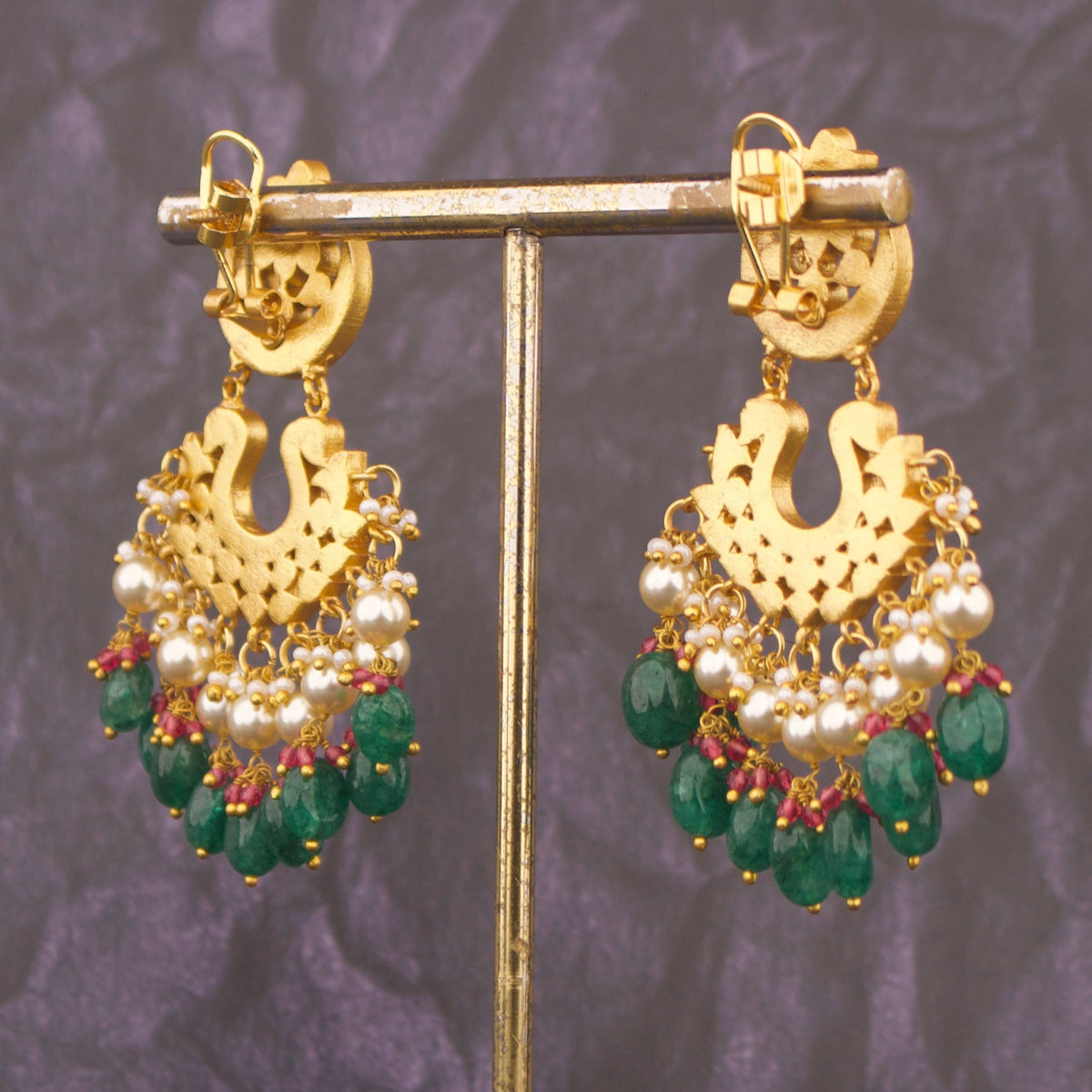 Bridal Jadau Kundan Chandbali Earrings With Emerald Drops