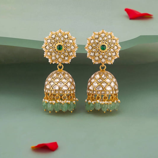 Gold inspired Floral Studded Jadau Kundan Jhumki with Beads