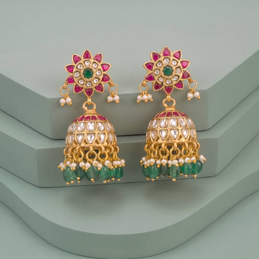Elegant Floral Studded Jadau Kundan Jhumki with Beads