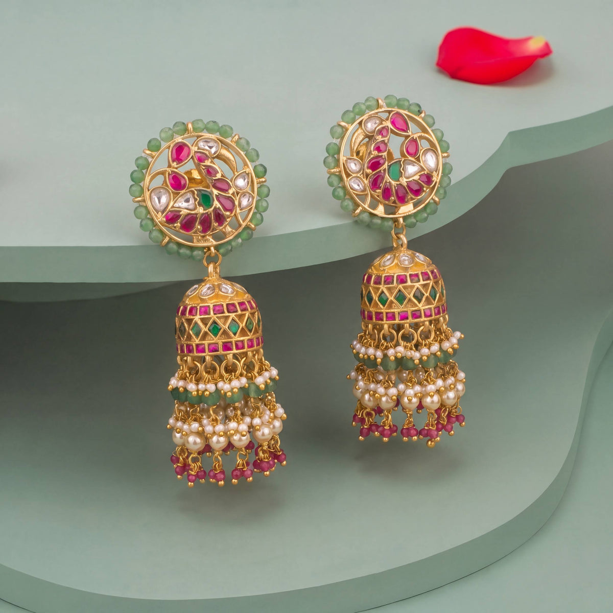 Peacock Splendor Jadau Kundan Jhumka Earrings - Handcrafted Indian Bridal Jewelry by Dulhan Jewels