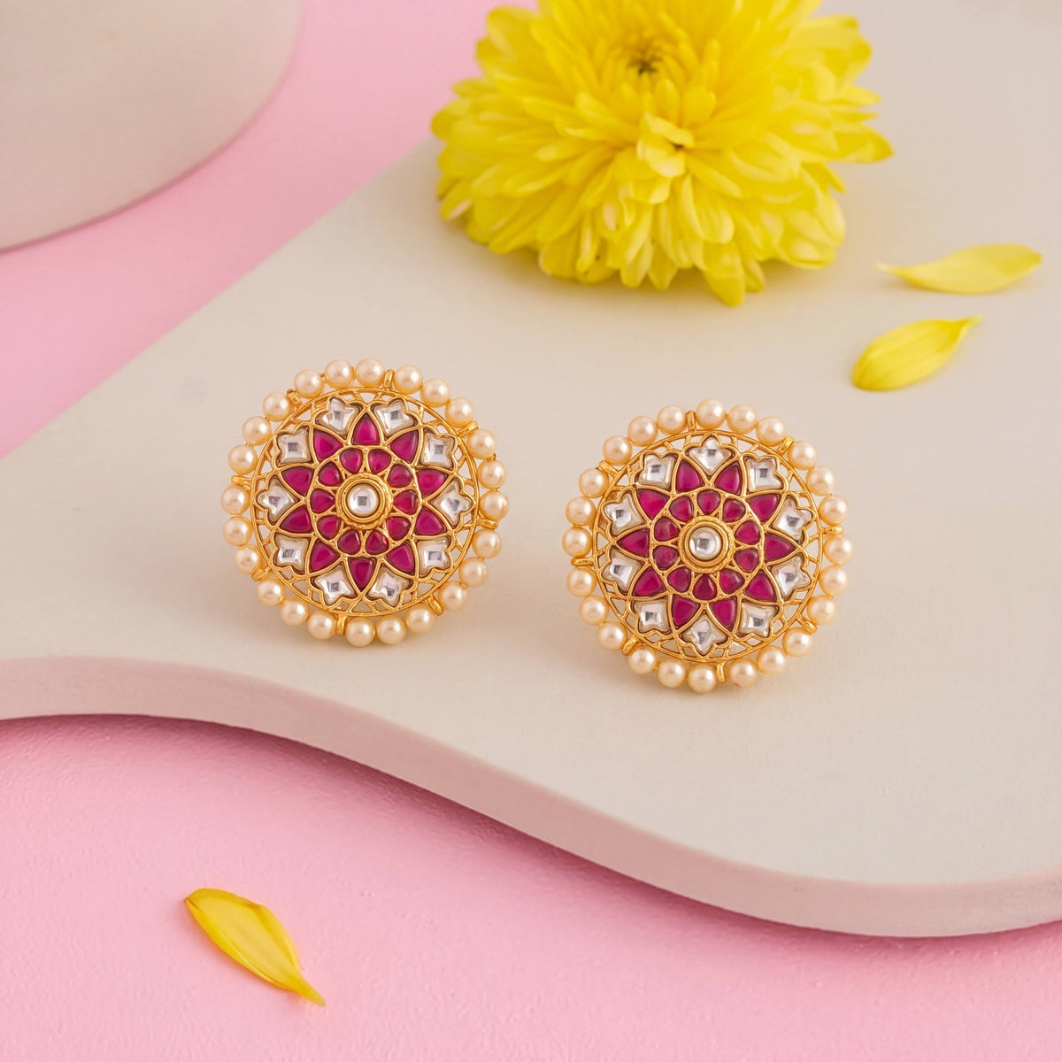 Stunning floral Design Jadau Kundan Studs with surrounding pearls