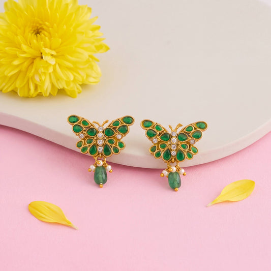 Designer Jadau Kundan Butterfly Design Studs - Handcrafted Indian Bridal Jewelry by Dulhan Jewels